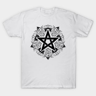 Black Pentagram with Roses T-Shirt